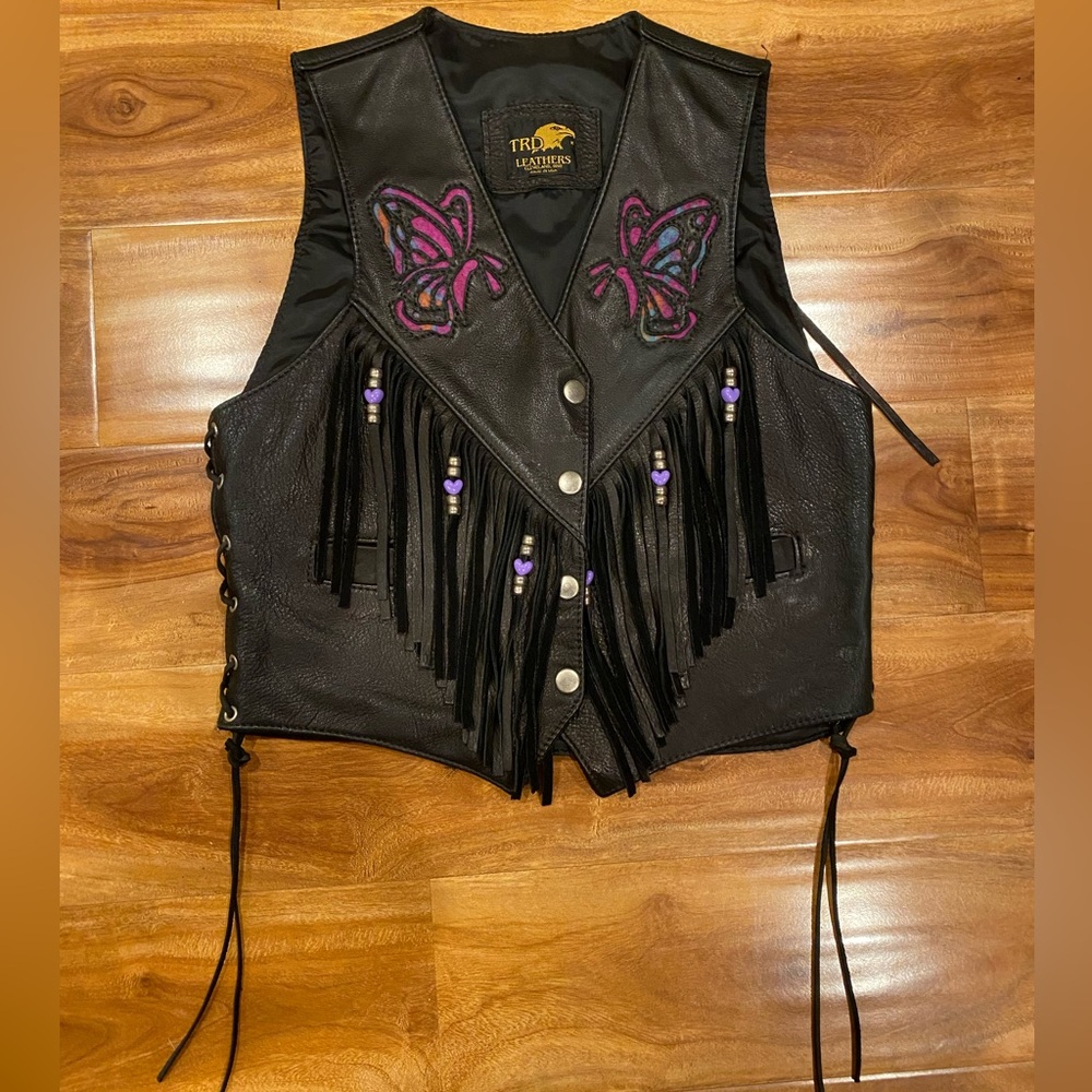 TRD Leathers Womens Black Leather Biker Vest with Fringe Purple Butterflies